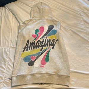 PINK Large soft zip up hoodie. It says: “AMAZING” across the back. (Pants free)